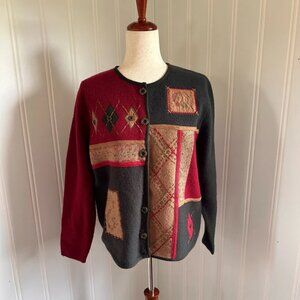 Vintage Wool Cardigan Sweater Patchwork Embroidery Cottagecore Green Size Large